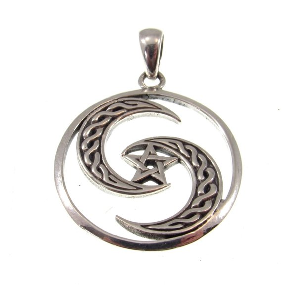 Solid 925 Sterling Silver Pentacle Inside Two Celtic Crescent Moons Pendant - Picture 1 of 5